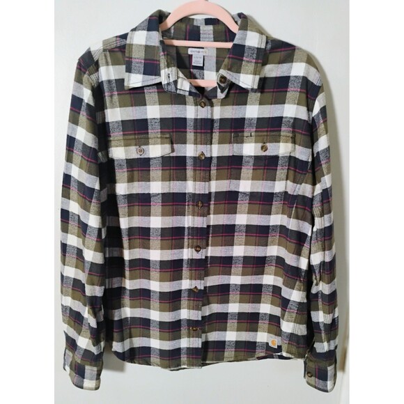 Carhartt Girls Green, Pink and Black Flannel Plaid Shirt, Size L 12/14 - Picture 1 of 8